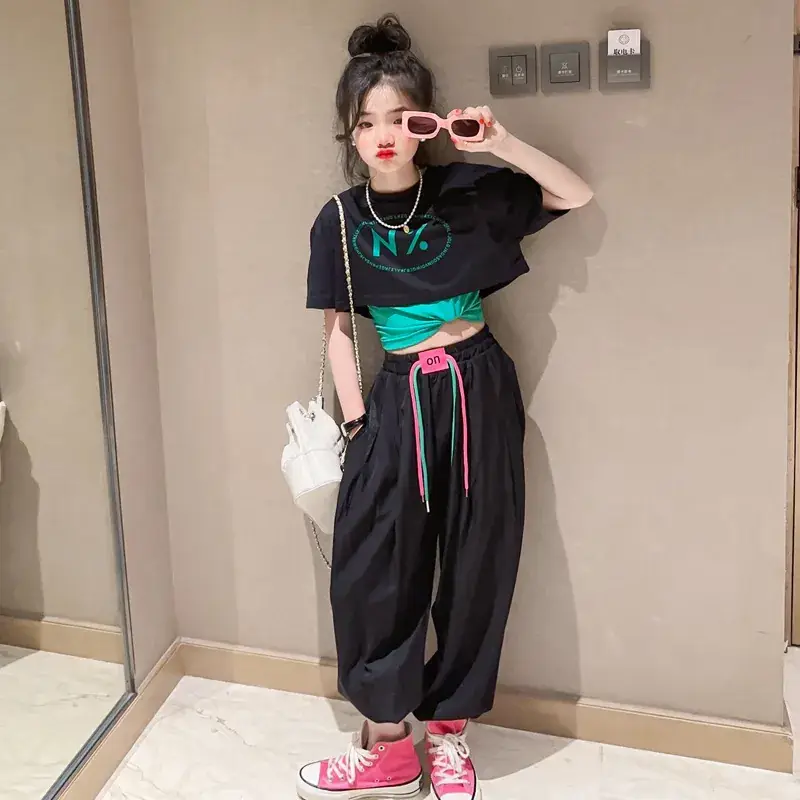 Girls Pink N'Z Crop Top Black Jogger Pants Summer Suit 2024 - Image 7
