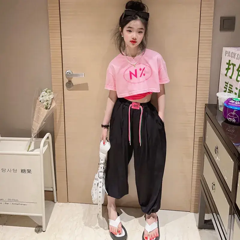 Girls Pink N'Z Crop Top Black Jogger Pants Summer Suit 2024 - Image 8