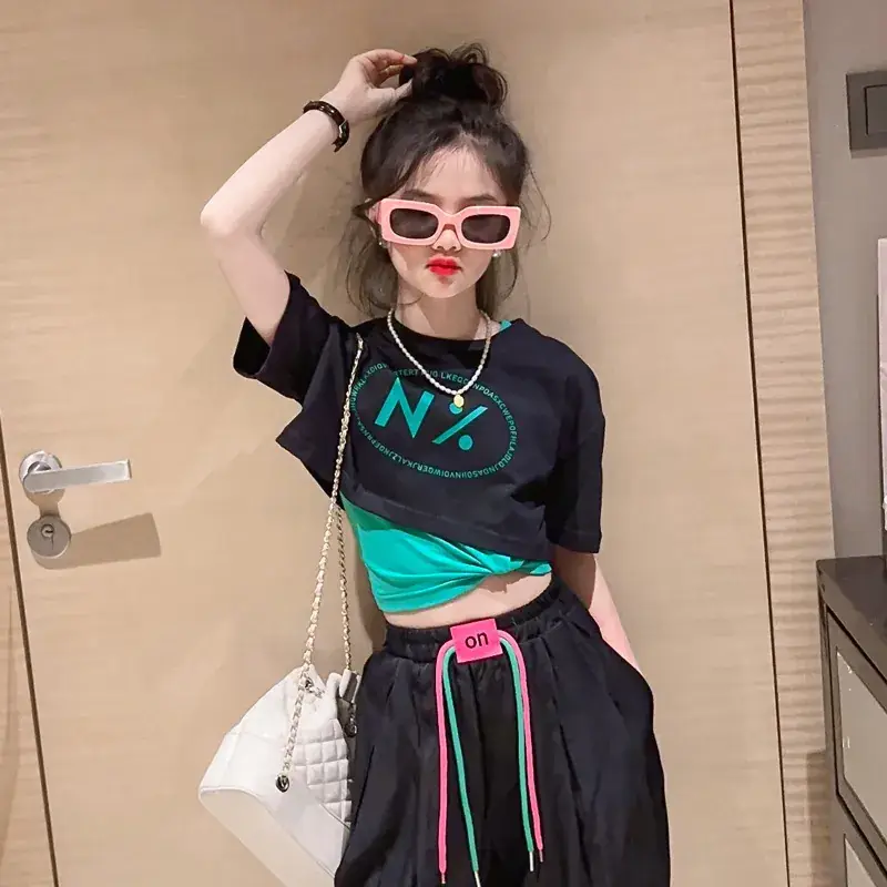 Girls Pink N'Z Crop Top Black Jogger Pants Summer Suit 2024 - Image 9