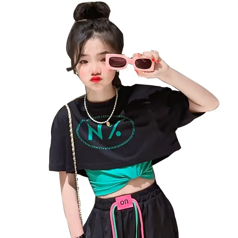 Girls Pink N'Z Crop Top Black Jogger Pants Summer Suit 2024 - Image 10