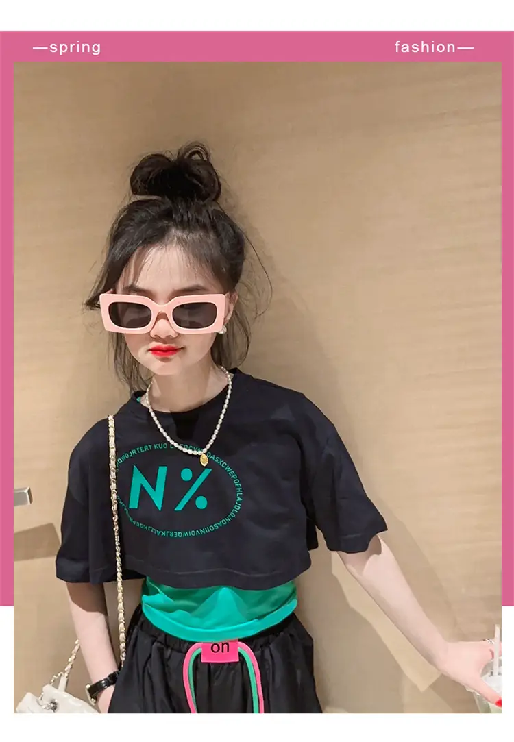 Girls Pink N'Z Crop Top Black Jogger Pants Summer Suit 2024 — feature 1