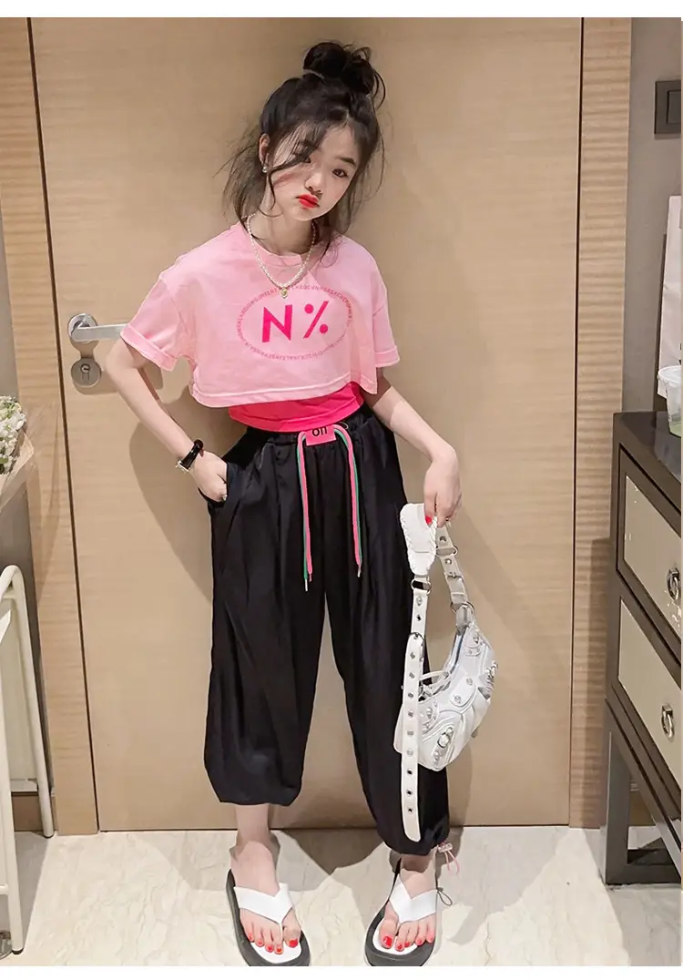 Girls Pink N'Z Crop Top Black Jogger Pants Summer Suit 2024 — feature 10
