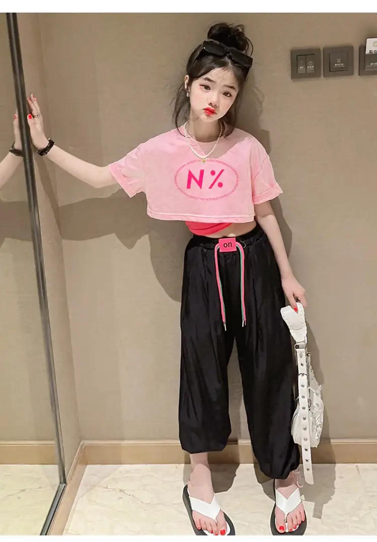Girls Pink N'Z Crop Top Black Jogger Pants Summer Suit 2024 — feature 11