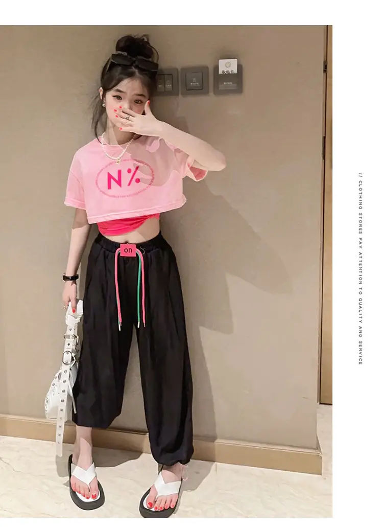 Girls Pink N'Z Crop Top Black Jogger Pants Summer Suit 2024 — feature 13