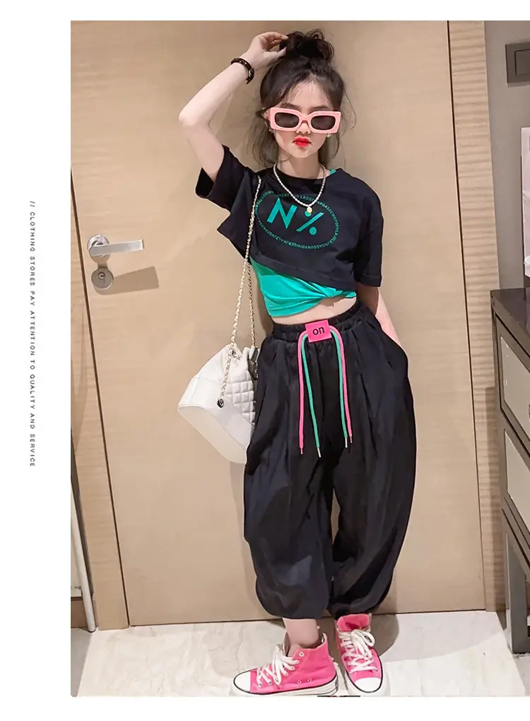 Girls Pink N'Z Crop Top Black Jogger Pants Summer Suit 2024 — feature 6