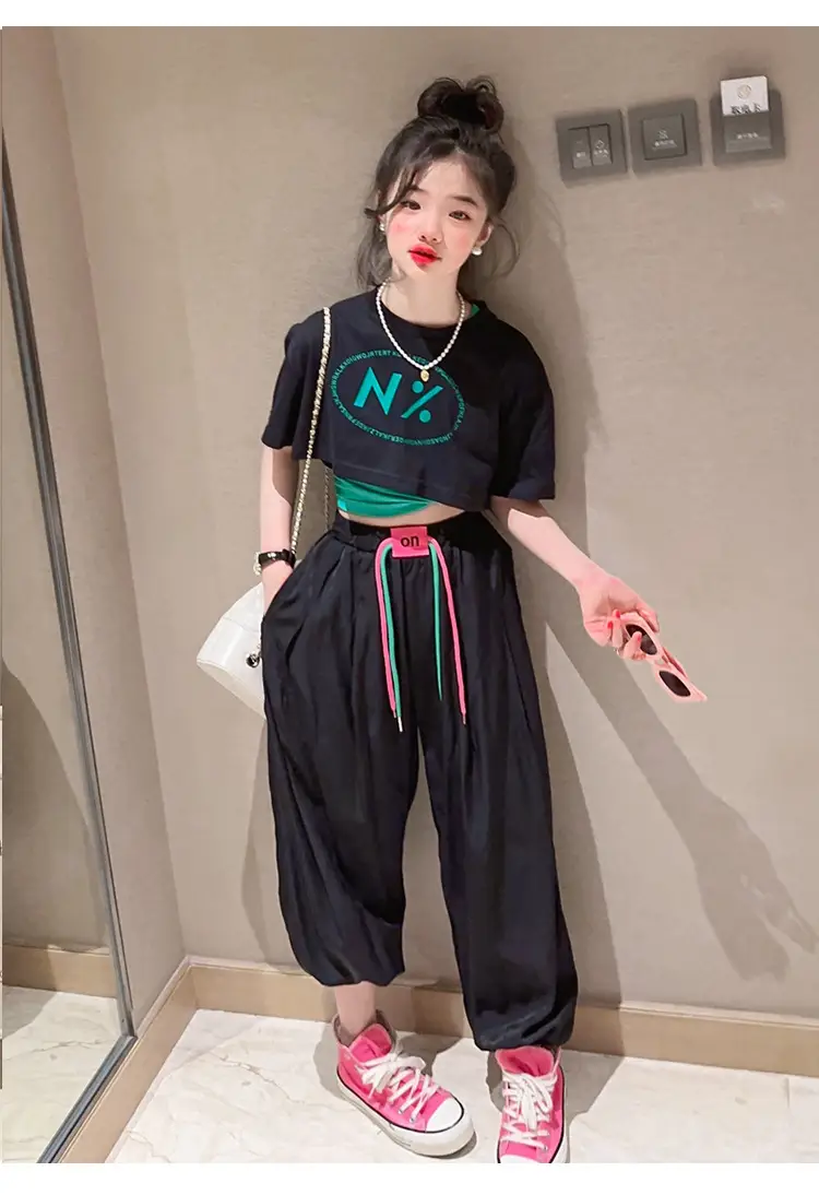 Girls Pink N'Z Crop Top Black Jogger Pants Summer Suit 2024 — feature 7