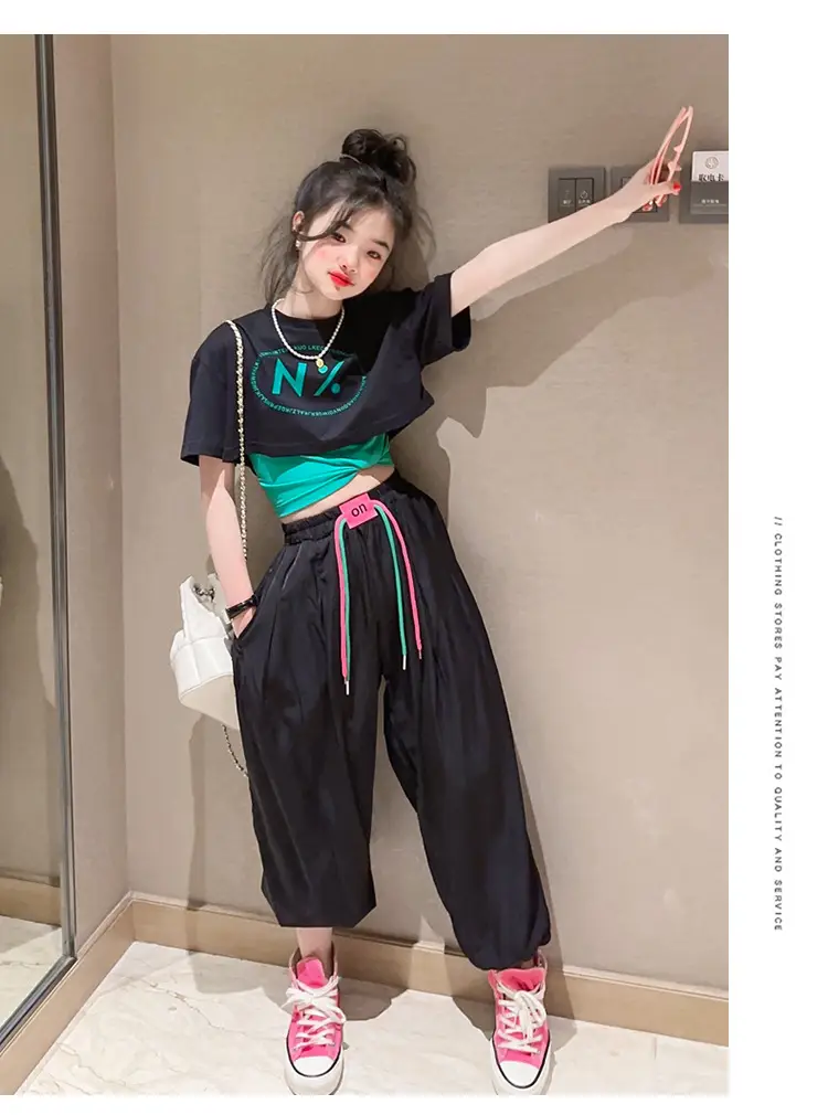 Girls Pink N'Z Crop Top Black Jogger Pants Summer Suit 2024 — feature 8