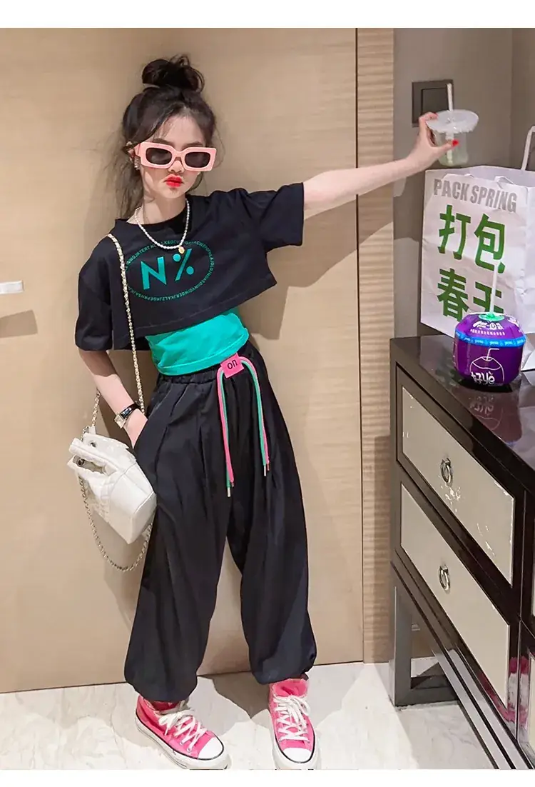 Girls Pink N'Z Crop Top Black Jogger Pants Summer Suit 2024 - Image 4