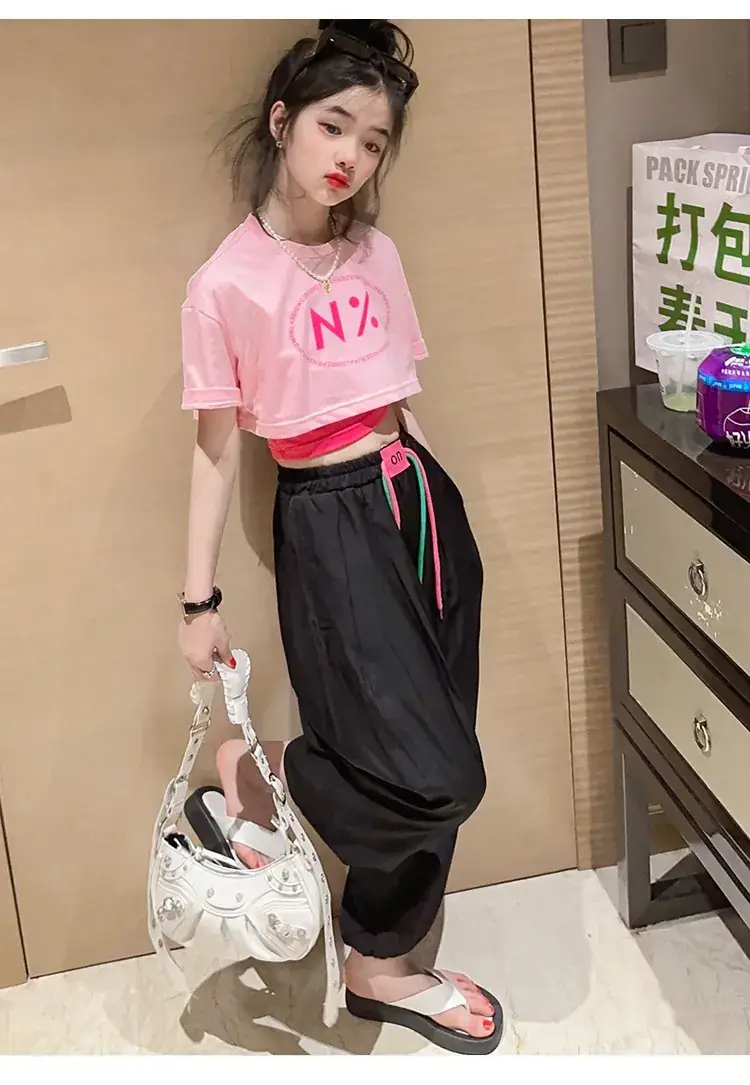 Girls Pink N'Z Crop Top Black Jogger Pants Summer Suit 2024 - Image 5