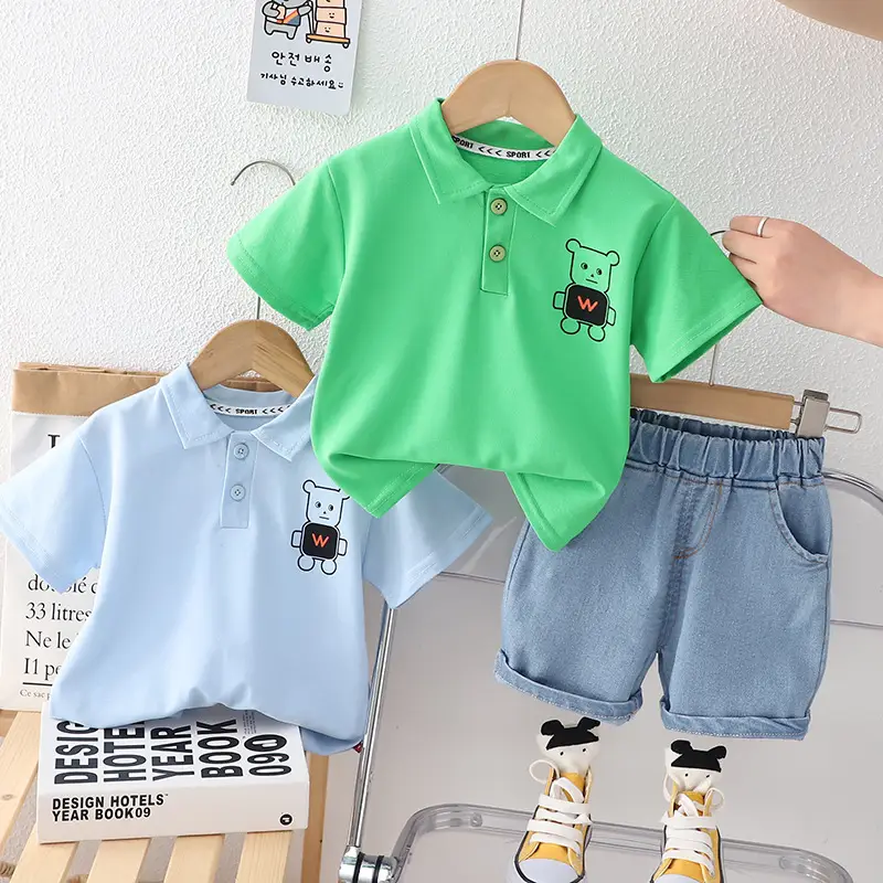 Boys Green Cat Print Polo Short Sleeve T-Shirt Denim Shorts Set - Image 3