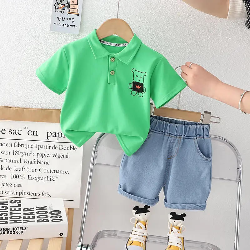 Boys Green Cat Print Polo Short Sleeve T-Shirt Denim Shorts Set - Image 2