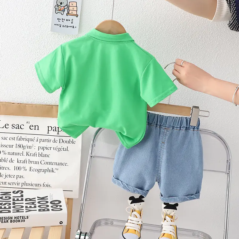 Boys Green Cat Print Polo Short Sleeve T-Shirt Denim Shorts Set - Image 4