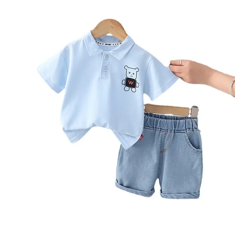 Boys Green Cat Print Polo Short Sleeve T-Shirt Denim Shorts Set - Image 5