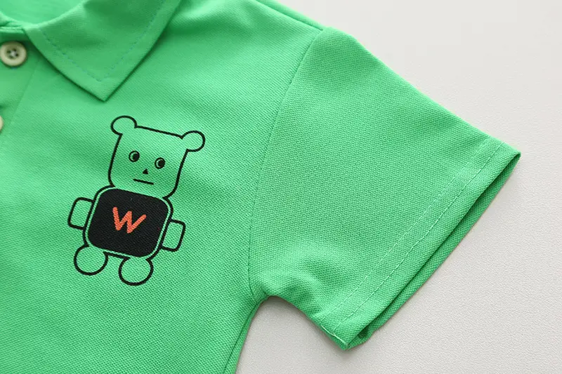 Boys Green Cat Print Polo Short Sleeve T-Shirt Denim Shorts Set — feature 7