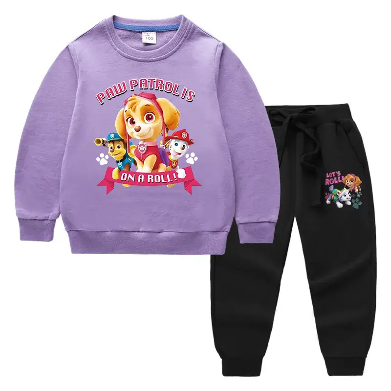 Kids Cartoon Sweatshirt Trousers Set Pink Black Cotton - Image 17
