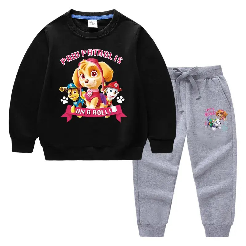 Kids Cartoon Sweatshirt Trousers Set Pink Black Cotton - Image 21