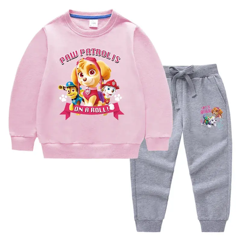 Kids Cartoon Sweatshirt Trousers Set Pink Black Cotton - Image 6