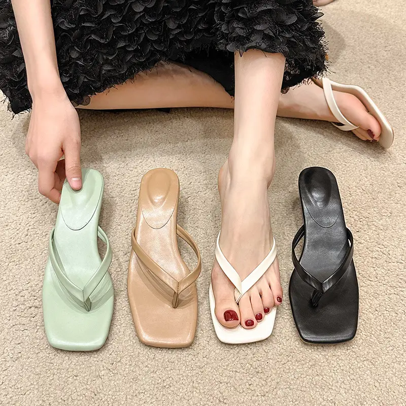 Women Square Toe Stiletto Slippers Summer Flip Flops