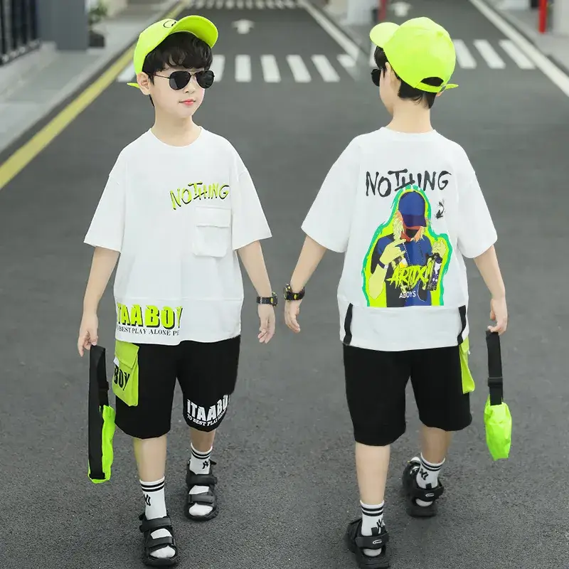 Summer Thin Boy's Neon Short Sleeve T-Shirt & Black Half Shorts Set
