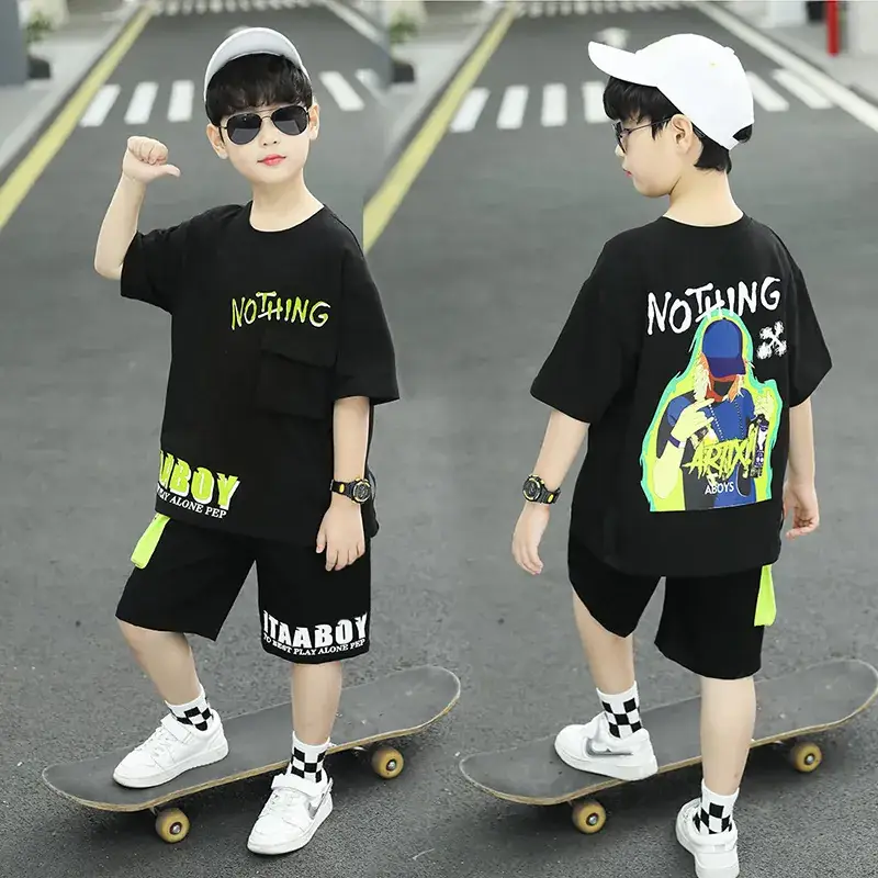 Summer Thin Boy's Neon Short Sleeve T-Shirt & Black Half Shorts Set