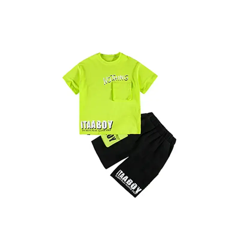 Summer Thin Boy's Neon Short Sleeve T-Shirt & Black Half Shorts Set