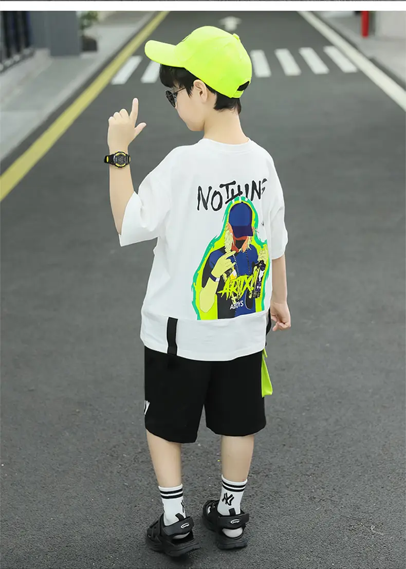 Summer Thin Boy's Neon Short Sleeve T-Shirt & Black Half Shorts Set — feature 13