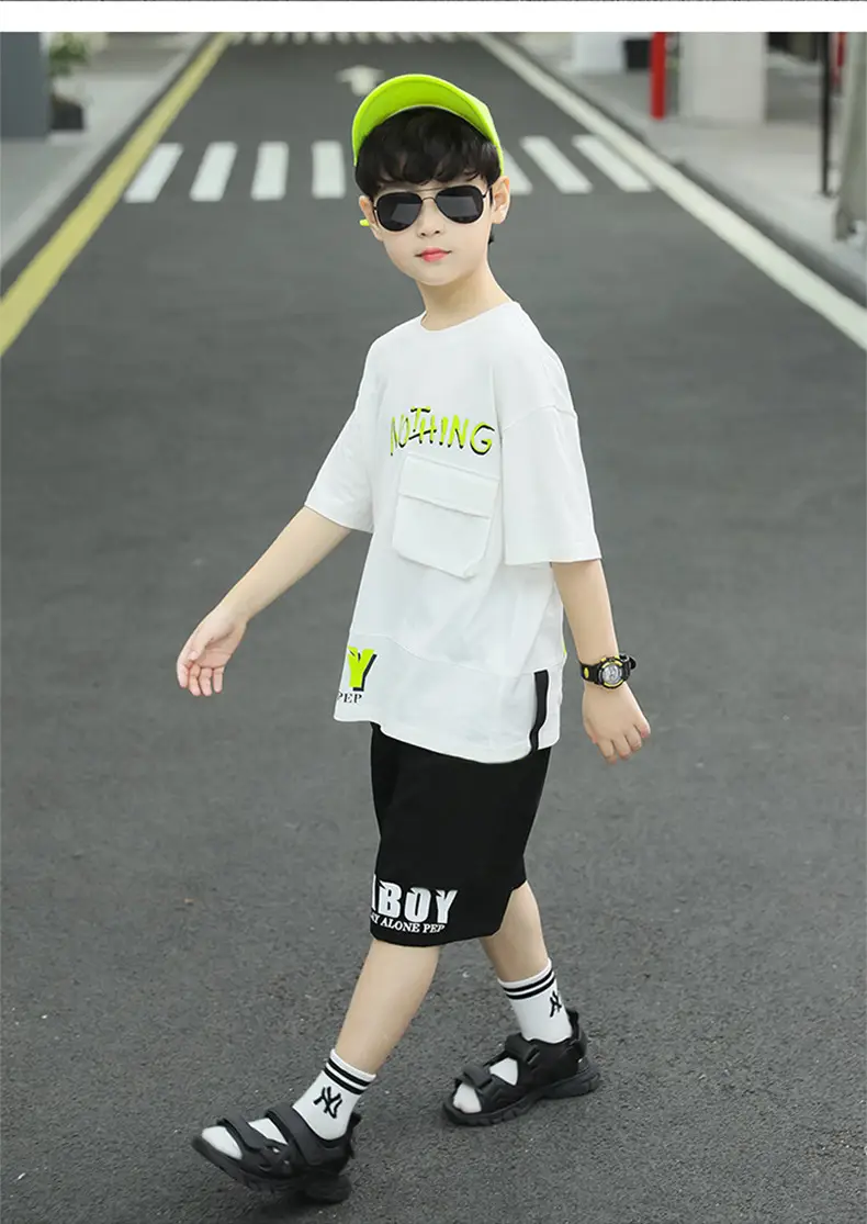 Summer Thin Boy's Neon Short Sleeve T-Shirt & Black Half Shorts Set — feature 14
