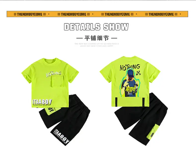 Summer Thin Boy's Neon Short Sleeve T-Shirt & Black Half Shorts Set — feature 16