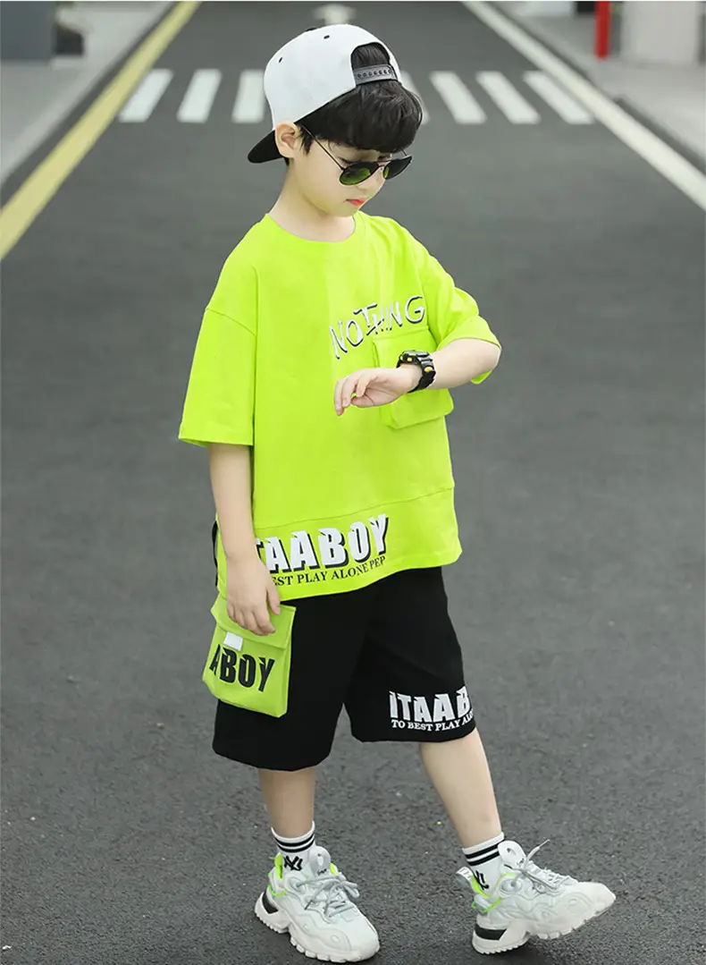 Summer Thin Boy's Neon Short Sleeve T-Shirt & Black Half Shorts Set — feature 6