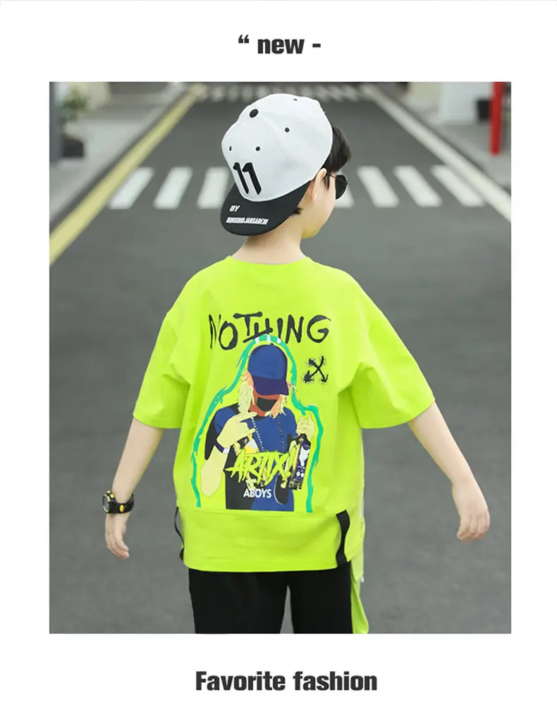 Summer Thin Boy's Neon Short Sleeve T-Shirt & Black Half Shorts Set — feature 7