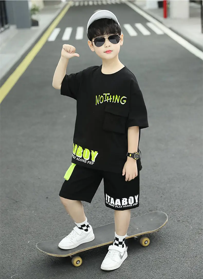 Summer Thin Boy's Neon Short Sleeve T-Shirt & Black Half Shorts Set — feature 8