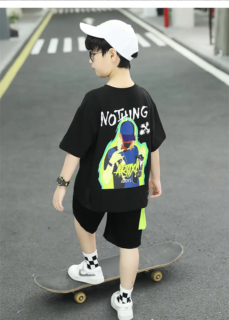 Summer Thin Boy's Neon Short Sleeve T-Shirt & Black Half Shorts Set — feature 9