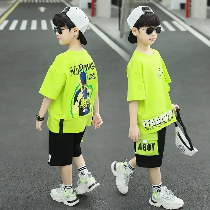 Summer Thin Boy's Neon Short Sleeve T-Shirt & Black Half Shorts Set