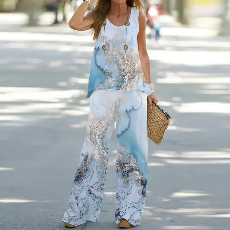2023 Printed Sleeveless Top Elastic High Waist Pants Two-piece Suit - Image 12