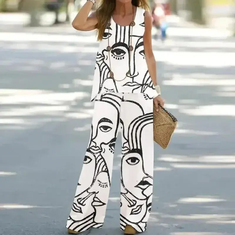 2023 Printed Sleeveless Top Elastic High Waist Pants Two-piece Suit - Image 6