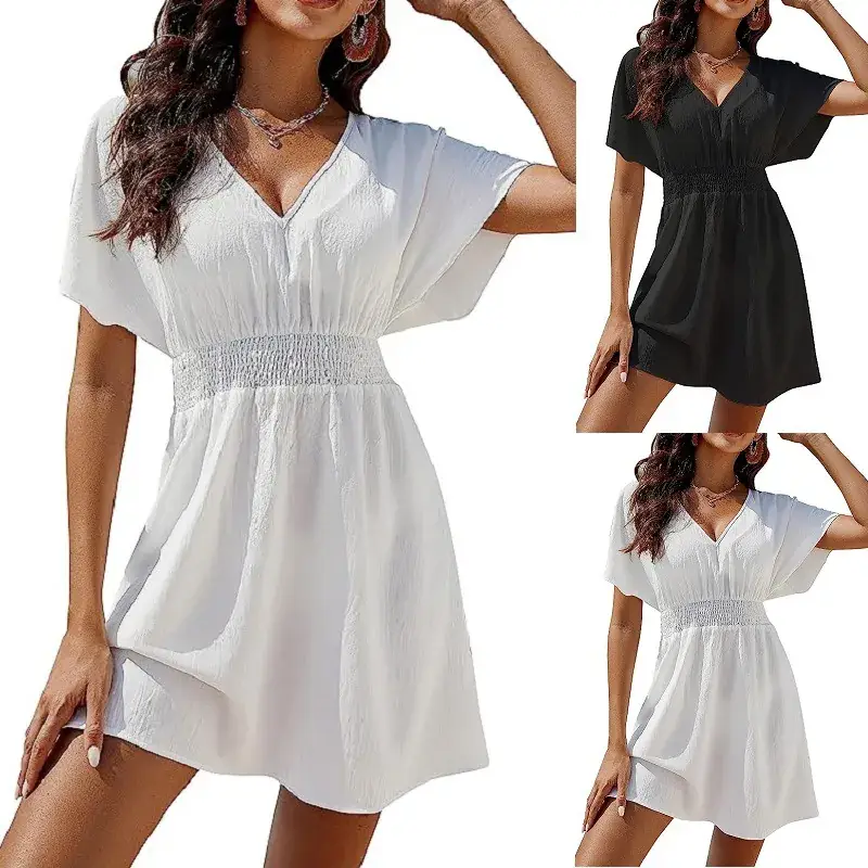 White V-Neck Pleated Summer Dress for Women