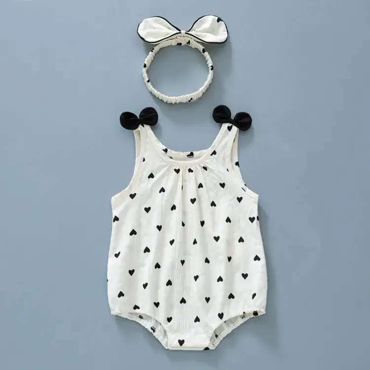 Baby Summer One Piece Set White Heart Bow Headband - Image 2