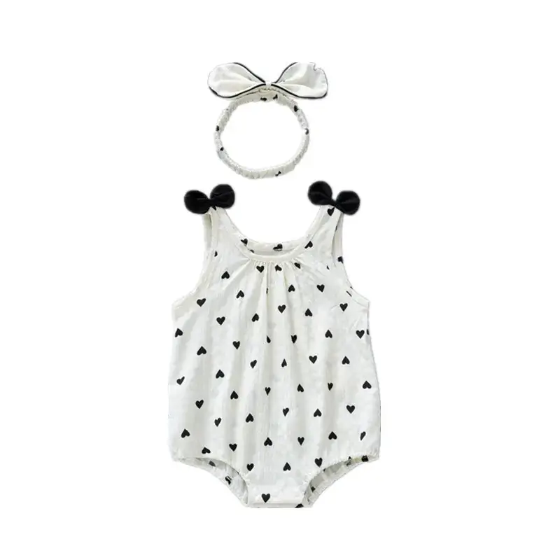 Baby Summer One Piece Set White Heart Bow Headband - Image 5