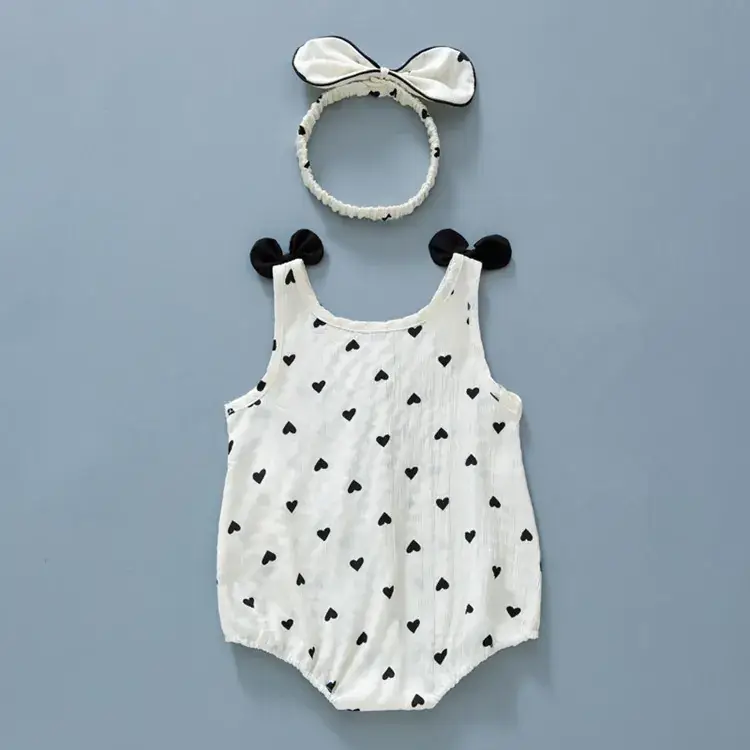 Baby Summer One Piece Set White Heart Bow Headband — feature 4