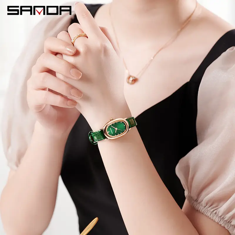 Sanda Quartz Watch Green Emerald Oval Women's Compact Waterproof - Image 12