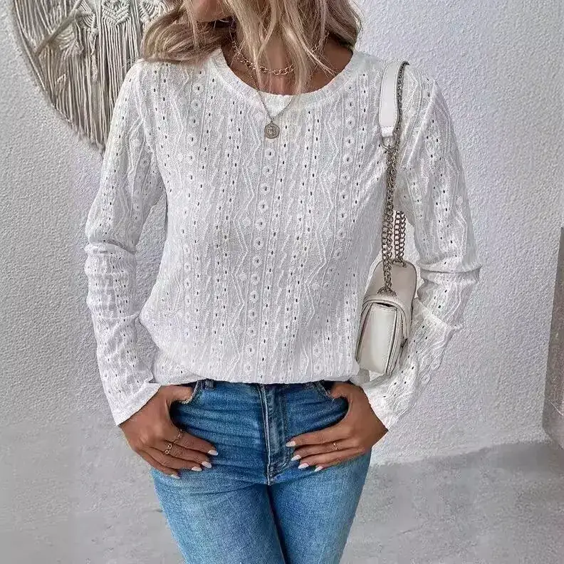 2024 White Long Sleeve Hollow Embroidered Shirt for Women - Image 17