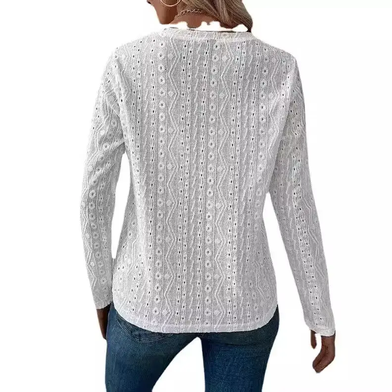 2024 White Long Sleeve Hollow Embroidered Shirt for Women - Image 20