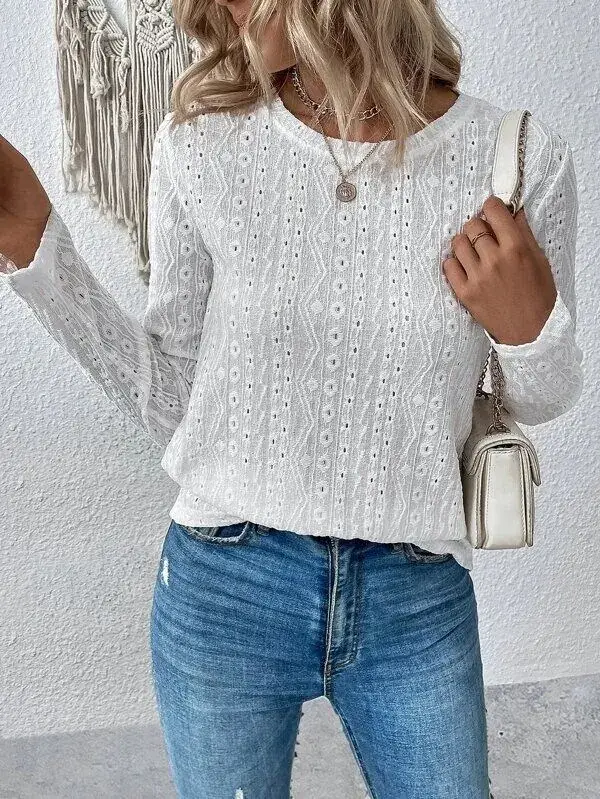 2024 White Long Sleeve Hollow Embroidered Shirt for Women - Image 2