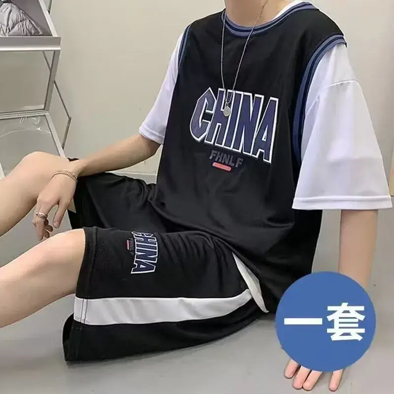 Male China Print Basketball Suit White Shorts Set