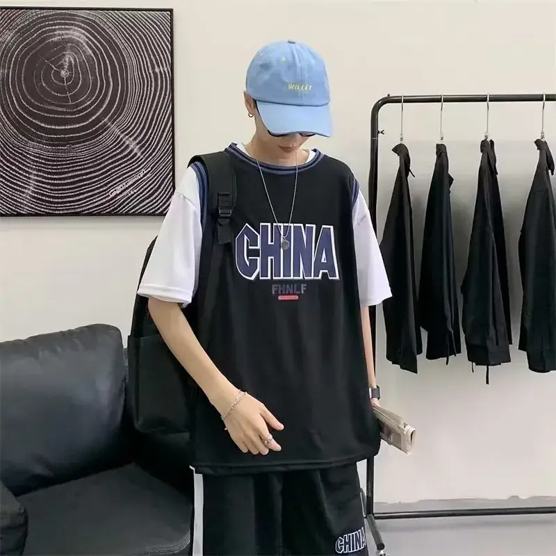 Male China Print Basketball Suit White Shorts Set
