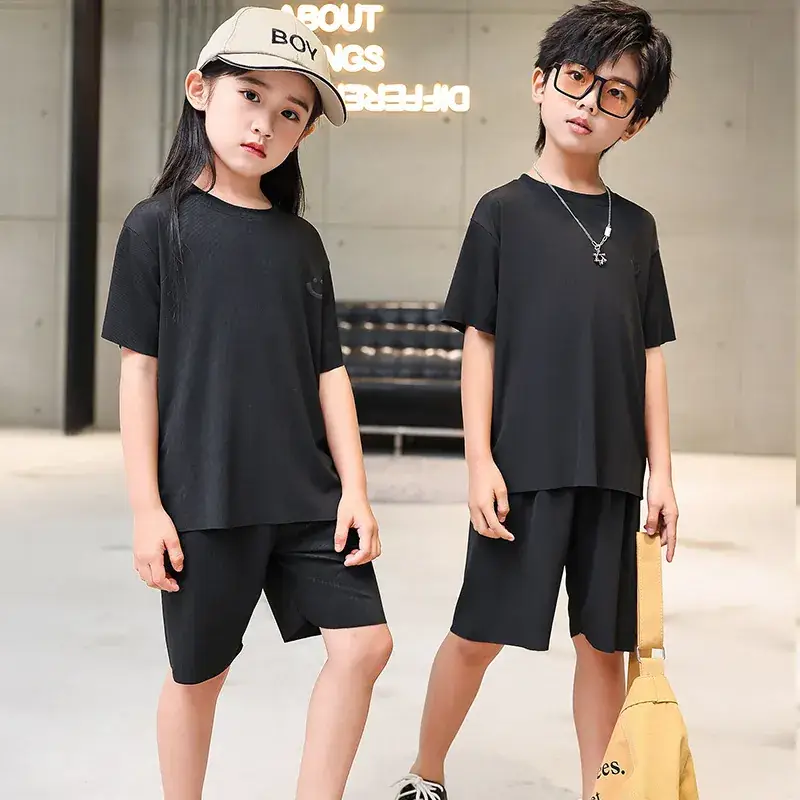 2 Pcs Black Casual Boys Girls Shorts Suit Medium Large - Image 13