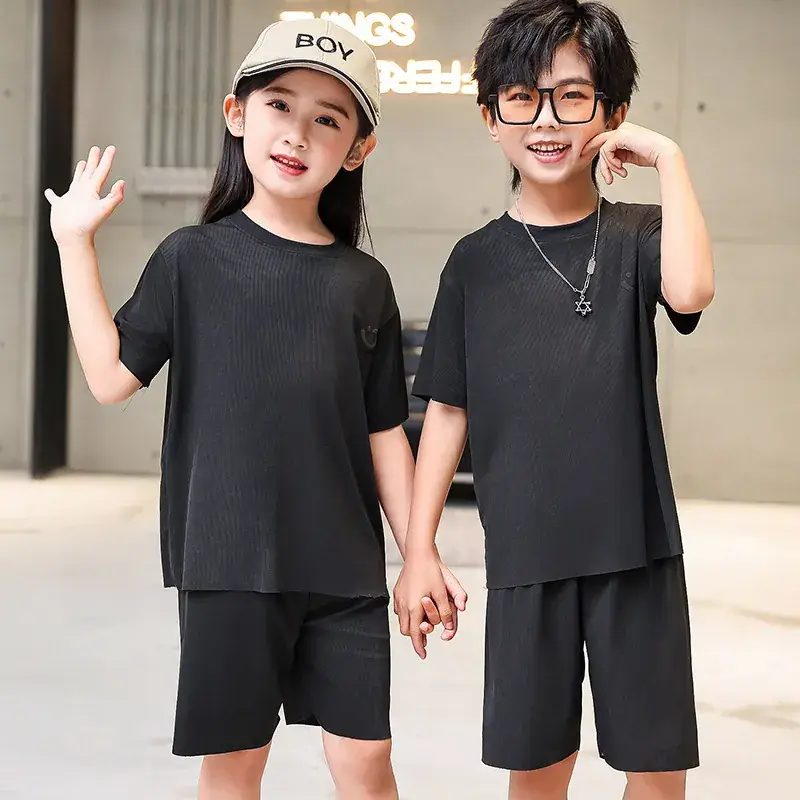 2 Pcs Black Casual Boys Girls Shorts Suit Medium Large - Image 3