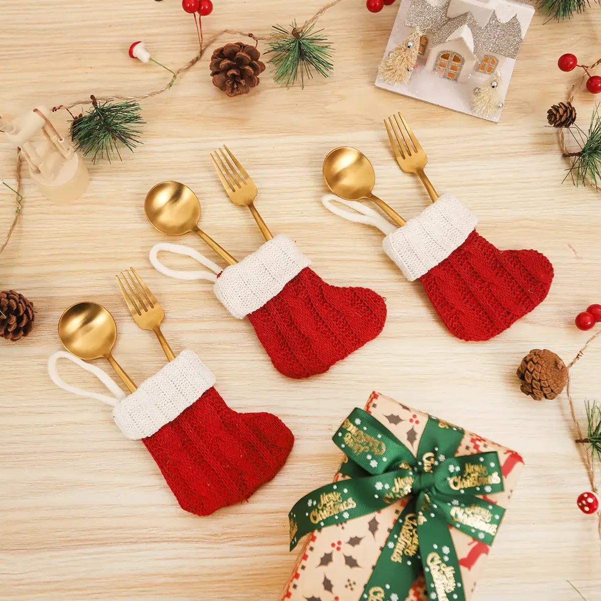 Pink Knitted Christmas Socks Set for Home Decor - Image 5