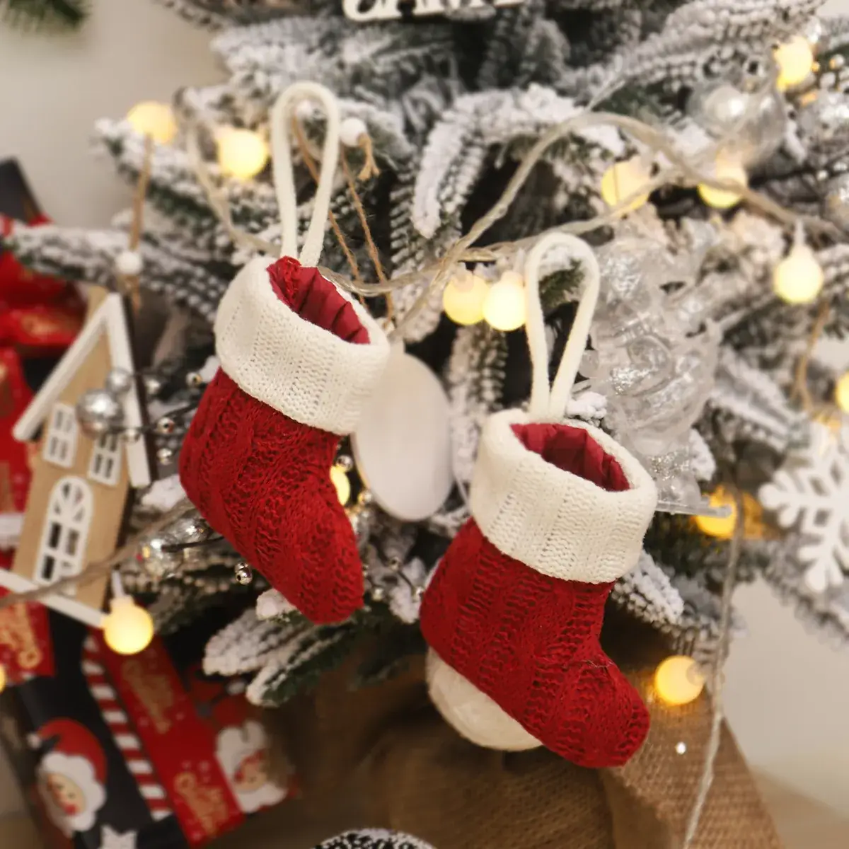 Pink Knitted Christmas Socks Set for Home Decor - Image 8