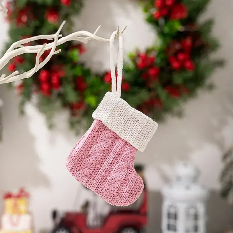 Pink Knitted Christmas Socks Set for Home Decor - Image 3